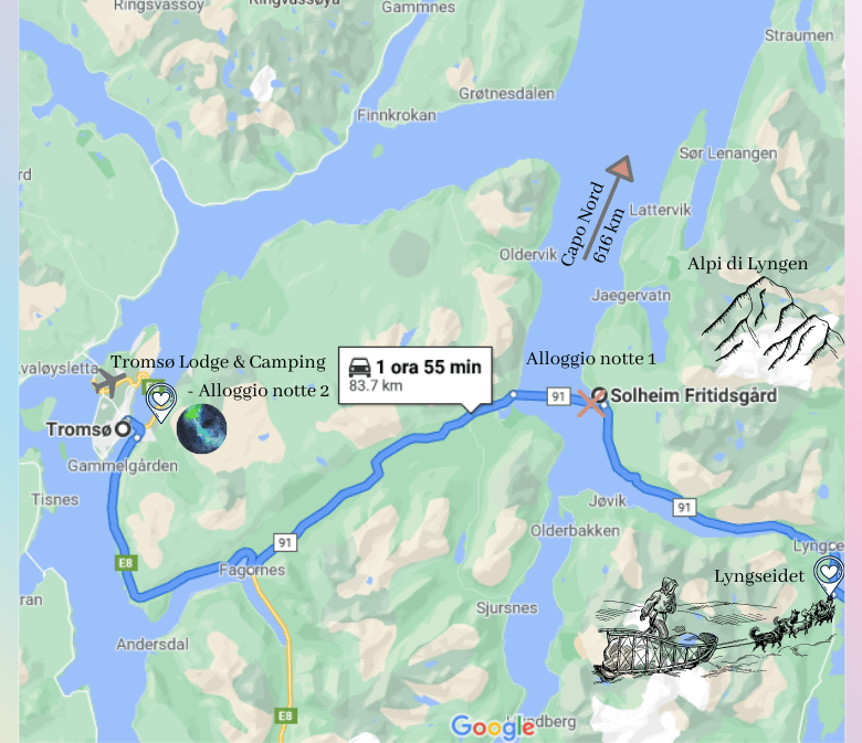 Norvegia aurora boreale, Mini mappa dell'itinerario nell'area di Tromsø, parte dell'itinerario alla ricerca dell'aurora boreale in Norvegia