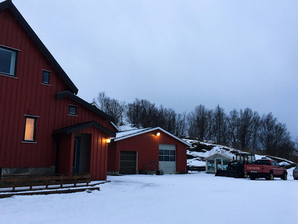 Tipica abitazione in legno dipinta di rosso nei dintorni innevati di Bodø