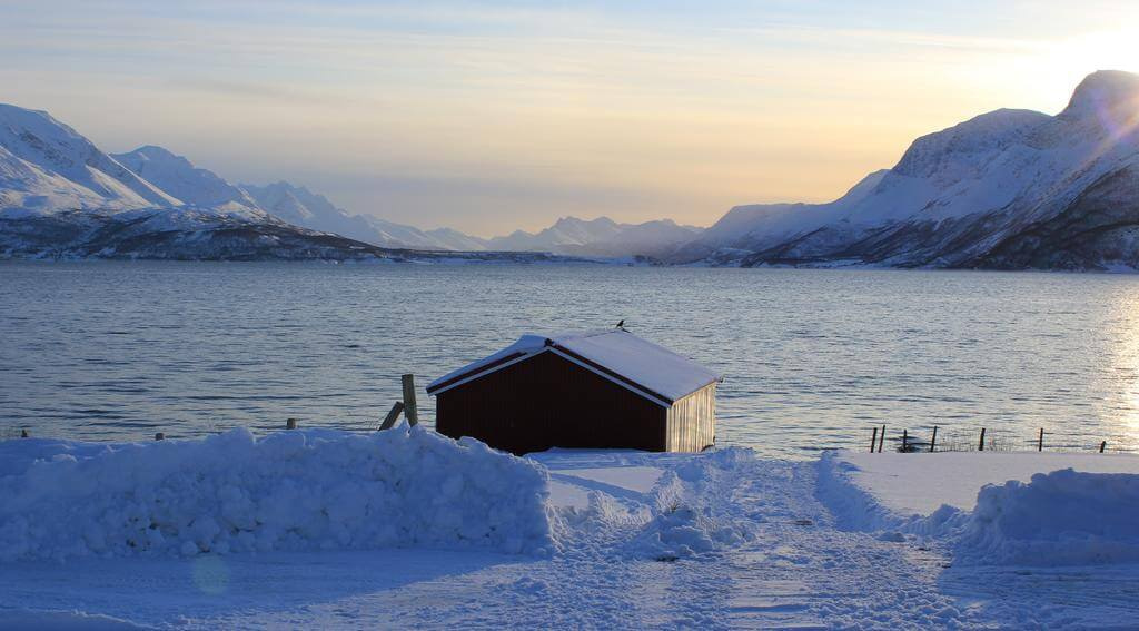 Casetta norvegese su fiordo come sfondo, Norvegia aurora boreale