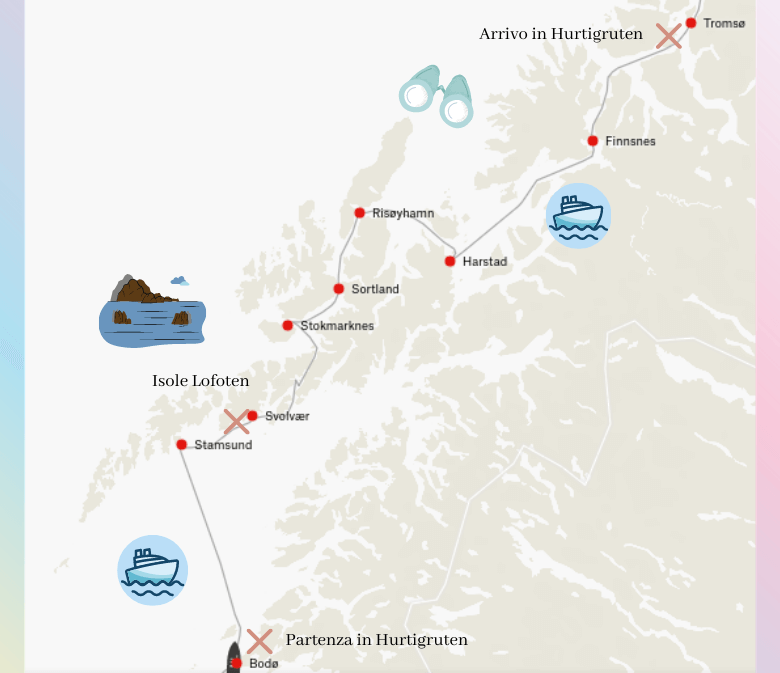 Norvegia aurora boreale, Mini mappa dell'itinerario sull'Hurtigruten lungo la costa della Norvegia settentrionale, parte dell'itinerario alla ricerca dell'aurora boreale in Norvegia