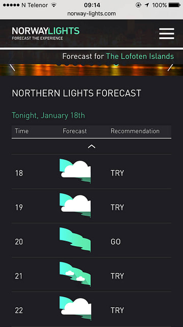 Screenshot delle previsioni di attività aurorale alle Isole Lofoten per la notte del 18 gennaio 2017 sul sito di Norway Lights, Norvegia aurora boreale