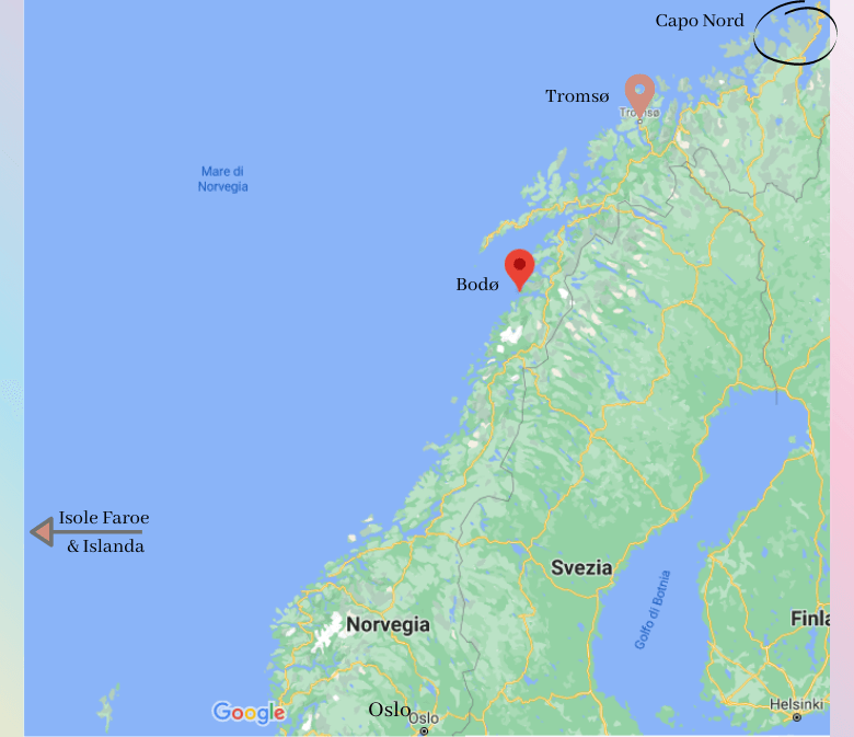 Norvegia aurora boreale, Panoramica generale della Norvegia settentrionale su mappa, itinerario alla ricerca dell'aurora boreale in Norvegia
