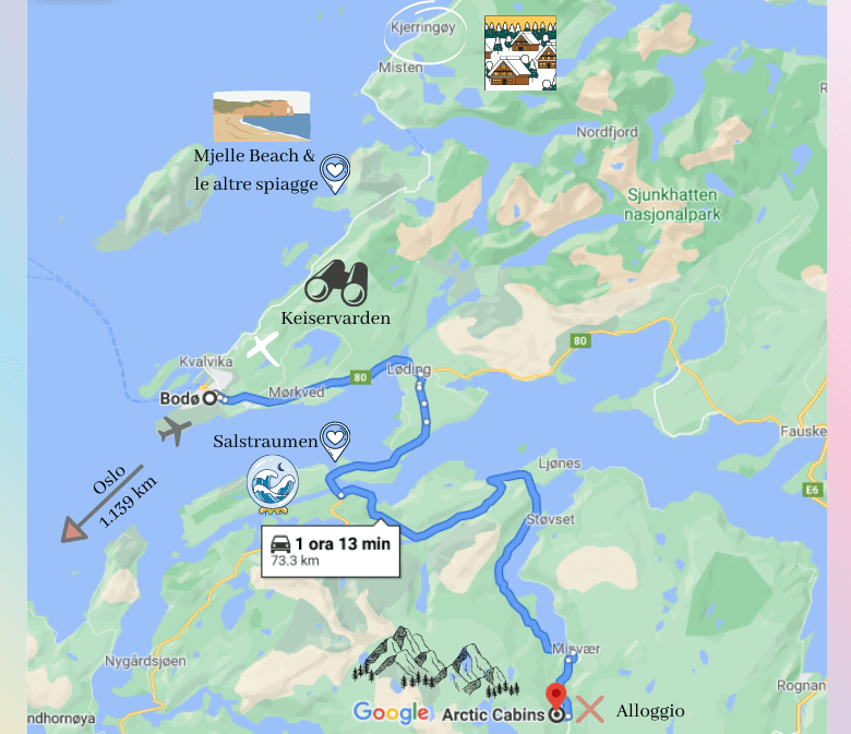 Norvegia aurora boreale, Mini mappa dell'itinerario nell'area di Bodø, parte dell'itinerario alla ricerca dell'aurora boreale in Norvegia